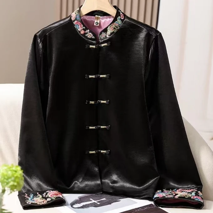 260新中式国风醋酸段立领刺绣复古盘扣别致外套上衣