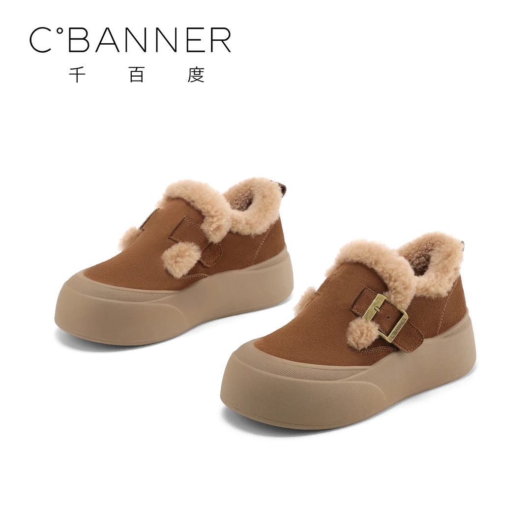 C.BANNER/千百度厚底时尚百搭毛毛鞋2025年加绒保暖一脚蹬勃肯鞋