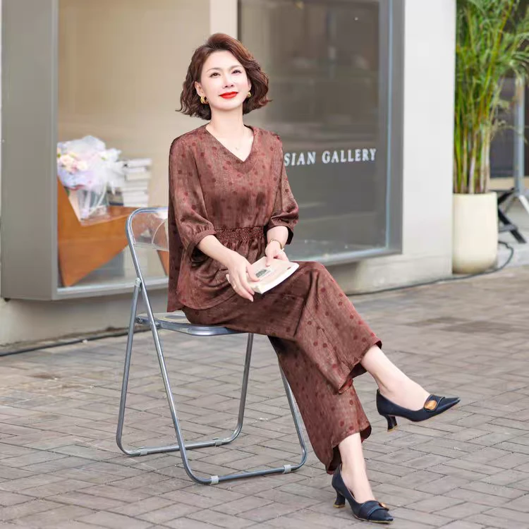 8856-中袖时尚上衣裤子遮肚显瘦新款高档大码短袖女套装【天润】