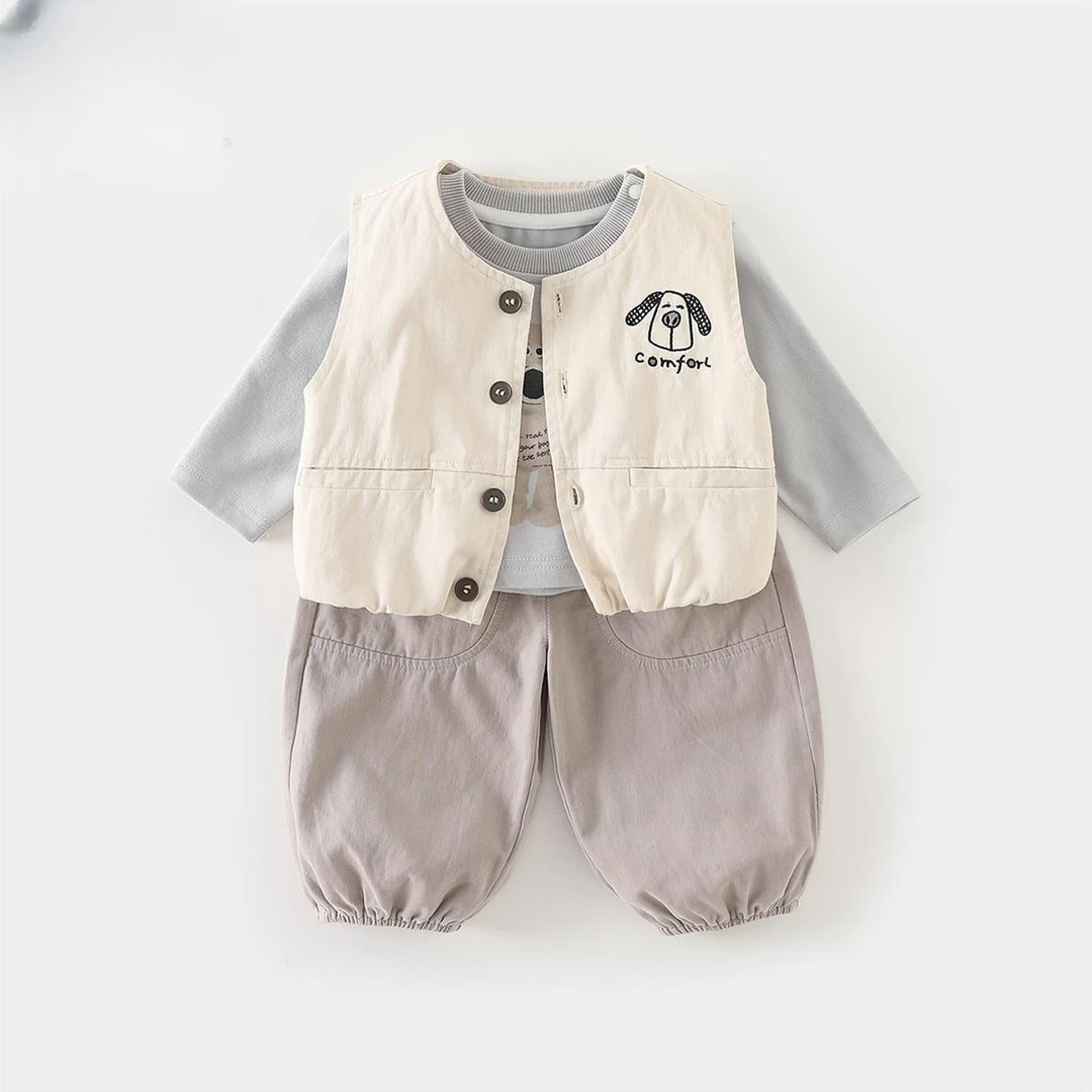 男童套装秋装2025新款男宝宝马甲打底衫裤子秋季婴幼儿衣服三件套