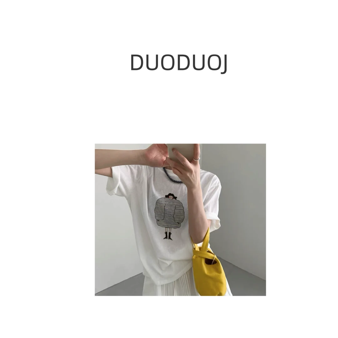 【DuoDuoJ】【胖子】韩版休闲百搭纯棉圆领印花简约卡通T恤短袖