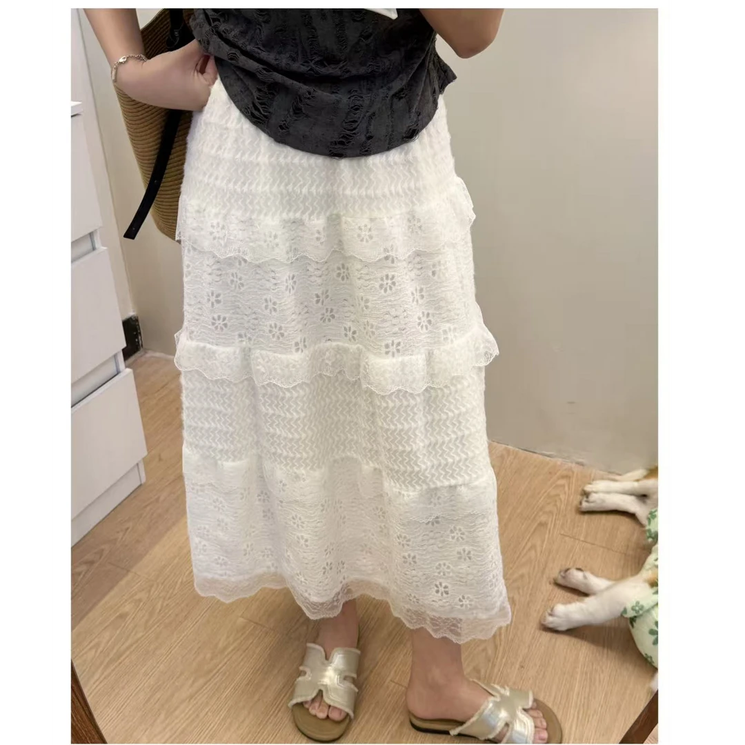 小个子法式类似蛋糕裙半身裙碎花裙子显瘦白色中长款a字蕾丝半裙