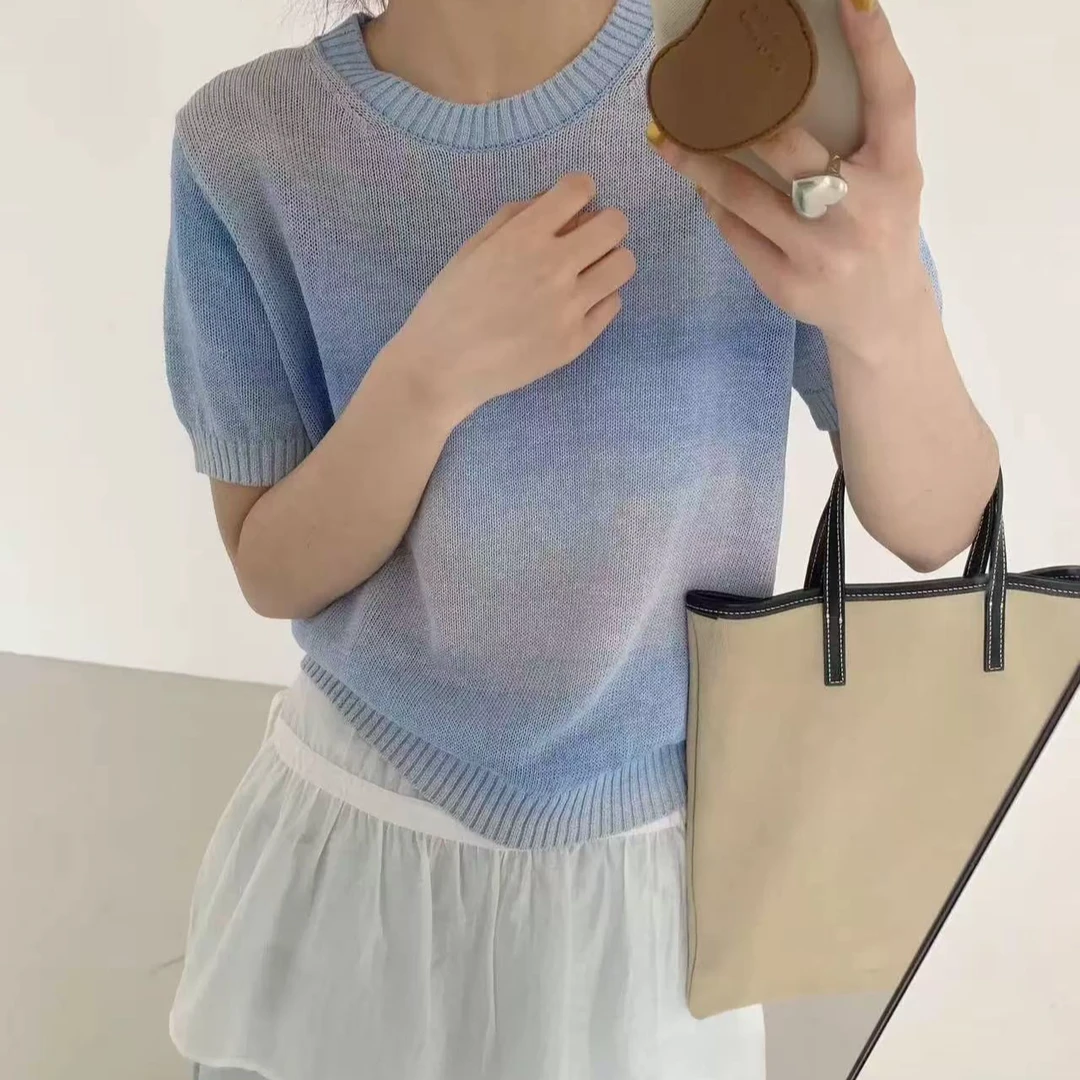禾纸纱透气短袖通勤不褪色夏季针织衫纯色镂空蓝色上衣女装