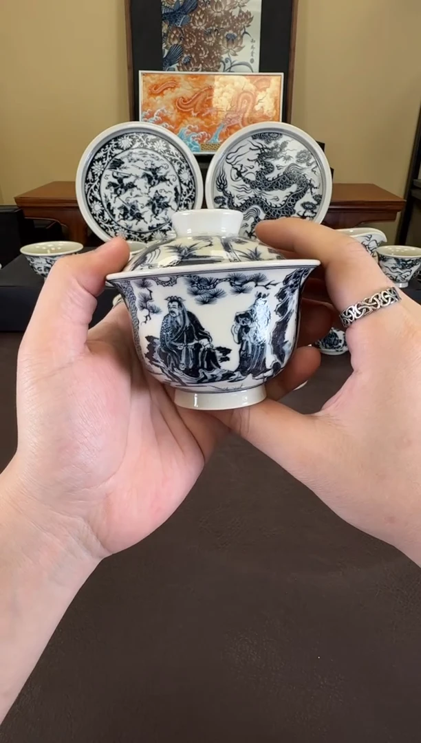 二号釉三顾茅庐元宝盖碗