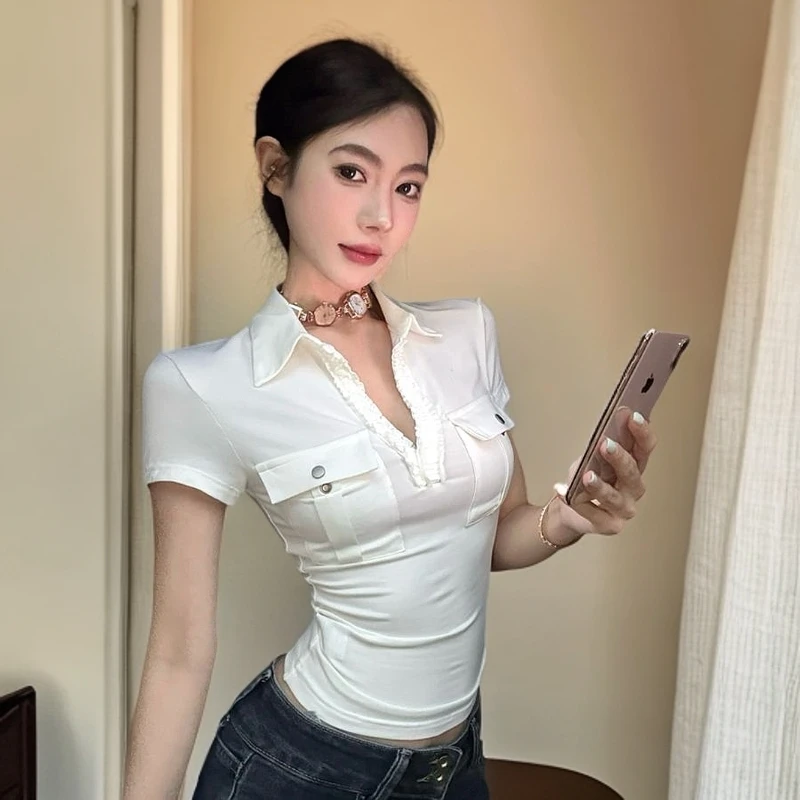 设计感小众V领短袖正肩白色T恤女夏季新款修身显瘦纯欲风短款上衣