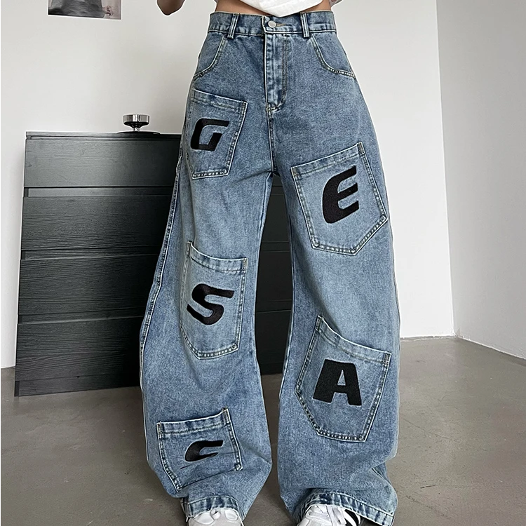 美式复古刺绣字母多口袋工装牛仔裤男女宽松阔腿拖地长裤子休闲潮