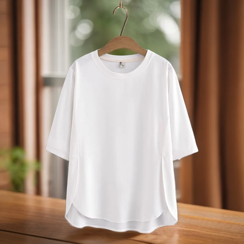 【T恤008】高品质夏季冰爽t恤女款设计感宽松透气圆领休闲纯色上衣