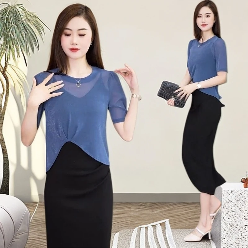 夏季新款短袖网纱上衣薄款套头2024洋气罩衫设计开叉显瘦防晒T恤