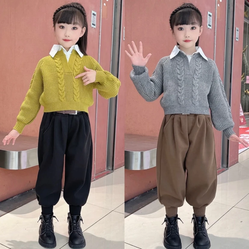 女童假两件毛衣休闲灯笼裤套装2025新款小女孩春秋韩版洋气两件套
