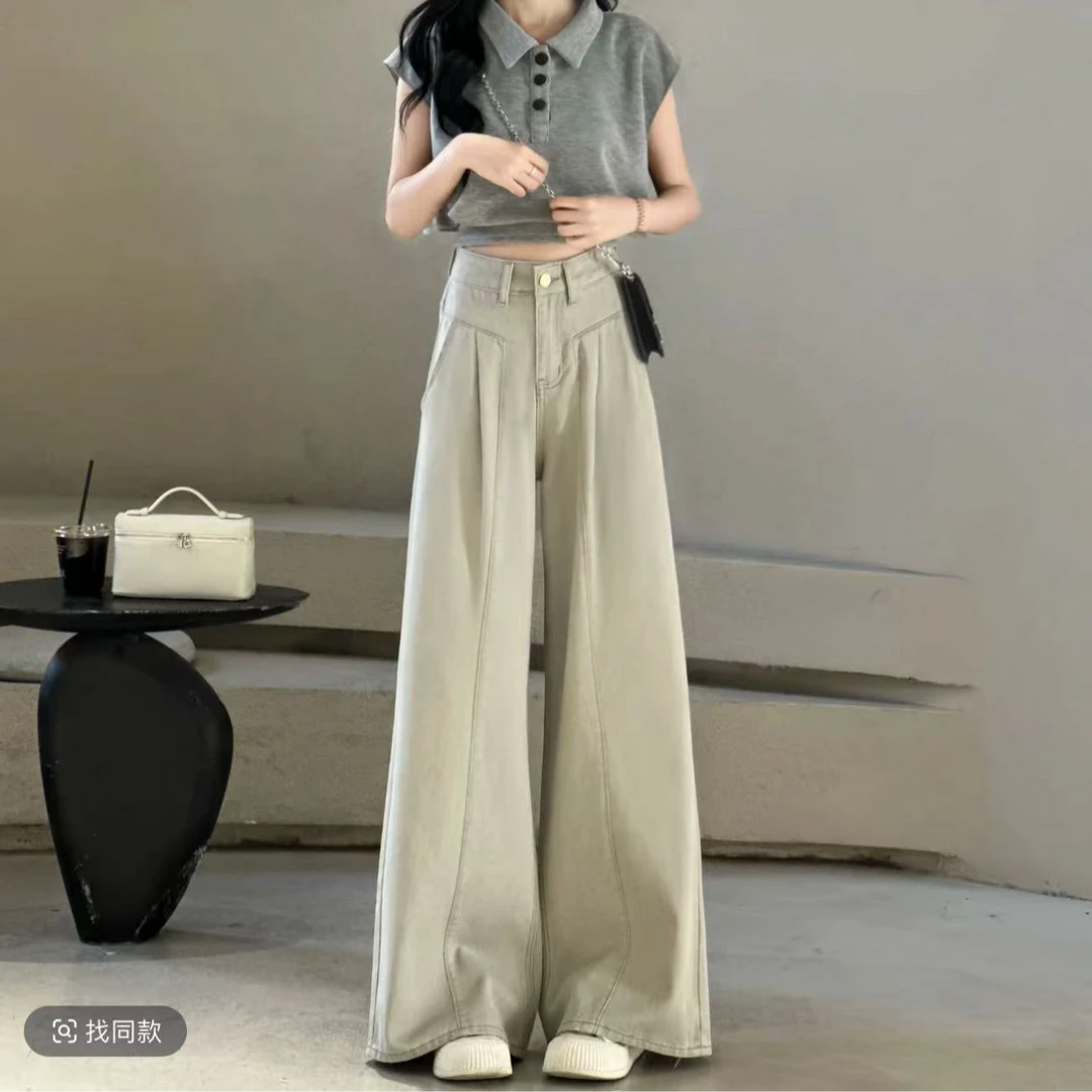 B1127新款慵懒风压褶牛仔阔腿裤显瘦高腰夏季百搭宽松女裤