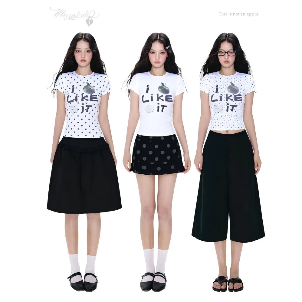 NECY【bubble diary】原创波点苹果烫钻T恤 弹力面料显瘦短袖