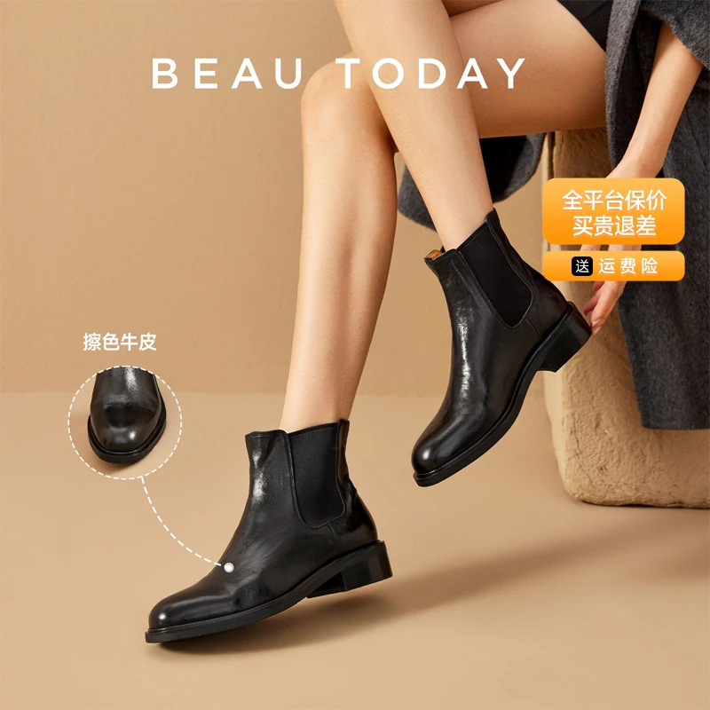 BeauToday【全牛皮】切尔西靴2025新款时尚秋季英伦风短靴厚底粗跟