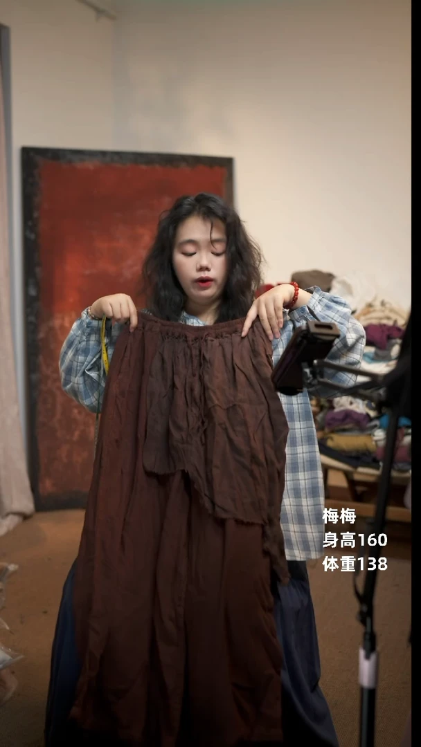 咖色设计感棉麻长裤