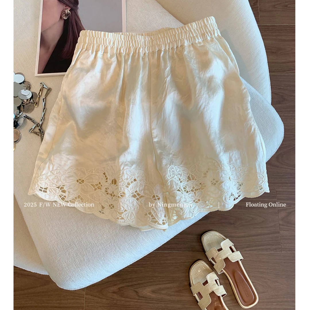 镂空印花缎面休闲短裤女夏季薄款大码胖mm显瘦松紧腰新中式阔腿裤