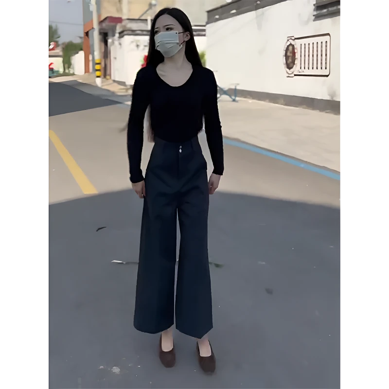 2025新款时尚修身长袖上衣设计感网红气质宽松高腰休闲九分裤套装