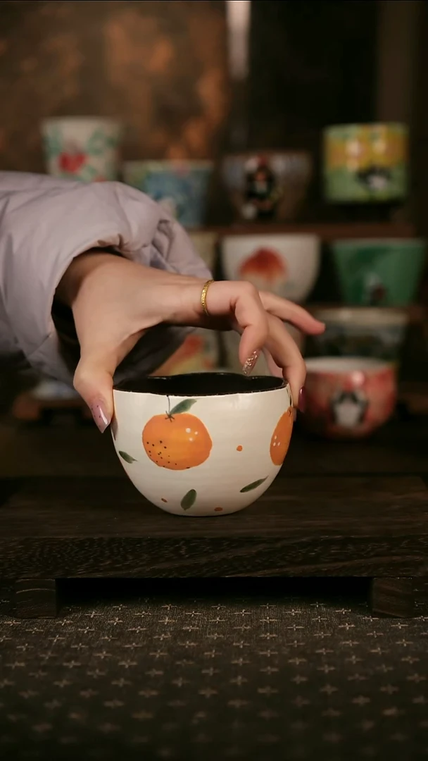 手绘粉引橘子咖啡杯