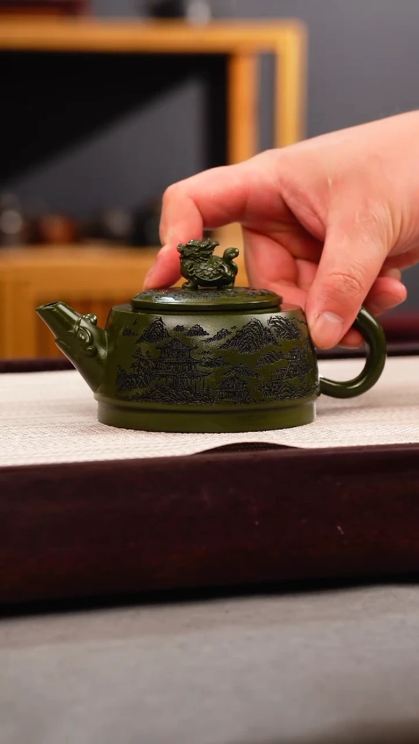 茶壶紫砂绿泥 龙龟 刻绘