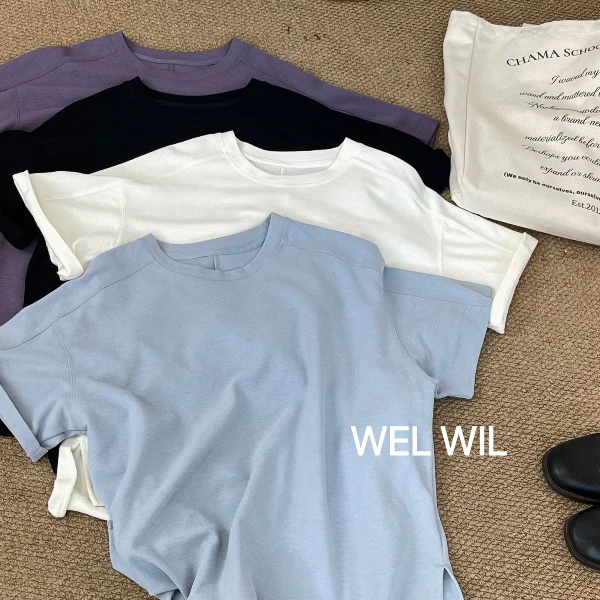 Yun Shen-「初秋毛圈感线条T」秋百搭立体分割侧开叉短袖0518-O