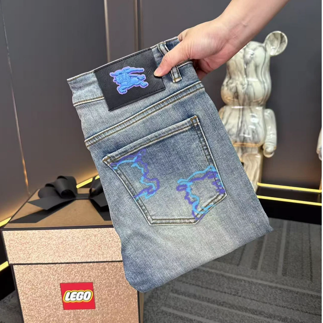 【LY】蛇年定制新款薄款宝石蓝轻奢男牛仔裤弹力修身小直筒男裤子