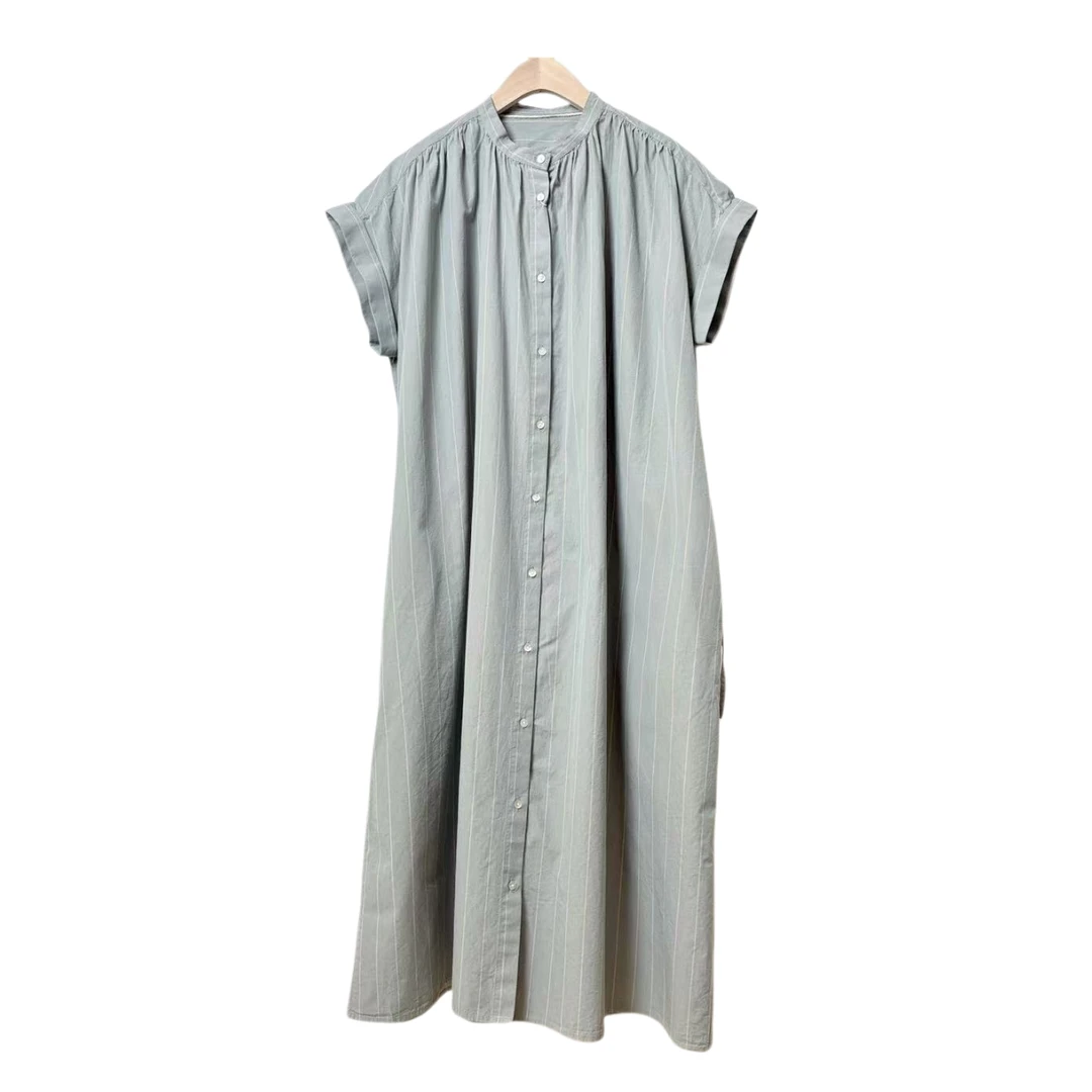 夏款新款色织全棉小圆领宽松版型时尚休闲短袖连衣裙简单舒适有范