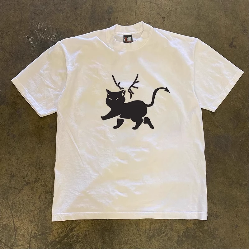 230g美式重磅不透恶魔小猫印花时尚ins小众款男女纯棉宽松短袖t恤