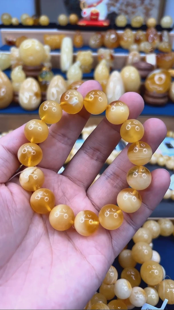 手串琥珀未镶嵌p42俄料金白妖孽手串 14mm 25.05克