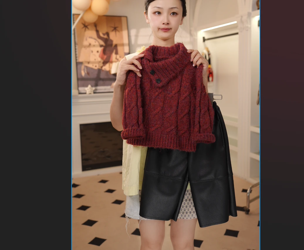 女童复古斜开领针织红格粗织毛衣女宝秋冬洋气保暖圣诞风翻领毛衣