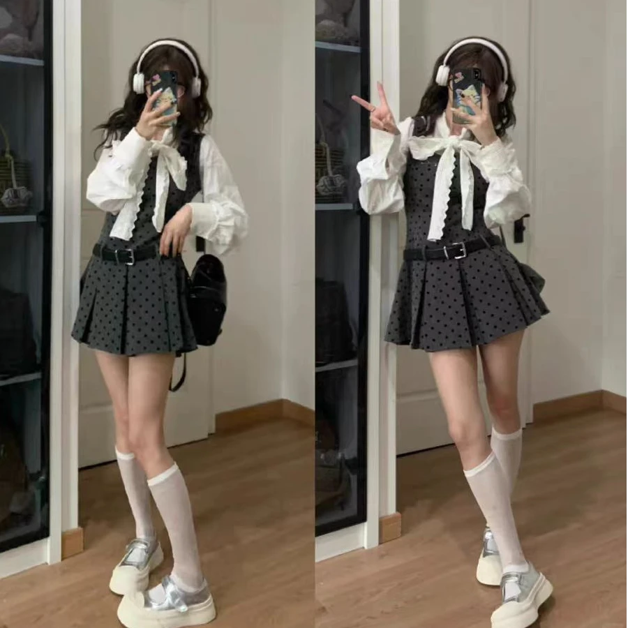 小香学院风波点背带连衣裙子女新款法式衬衫气质一整套-6292