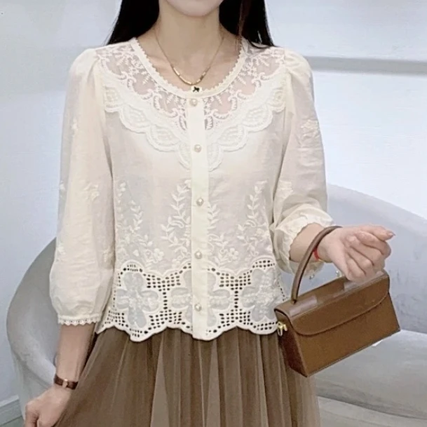 秋上新2025新款小香风衬衫淑女圆领花边七分袖宽松甜美女士上衣