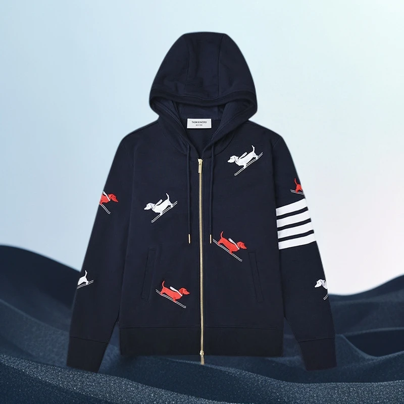 巴赛娜缇时尚休闲四杠休闲帽衫男女同款滑雪小狗刺绣卫衣宽松外套