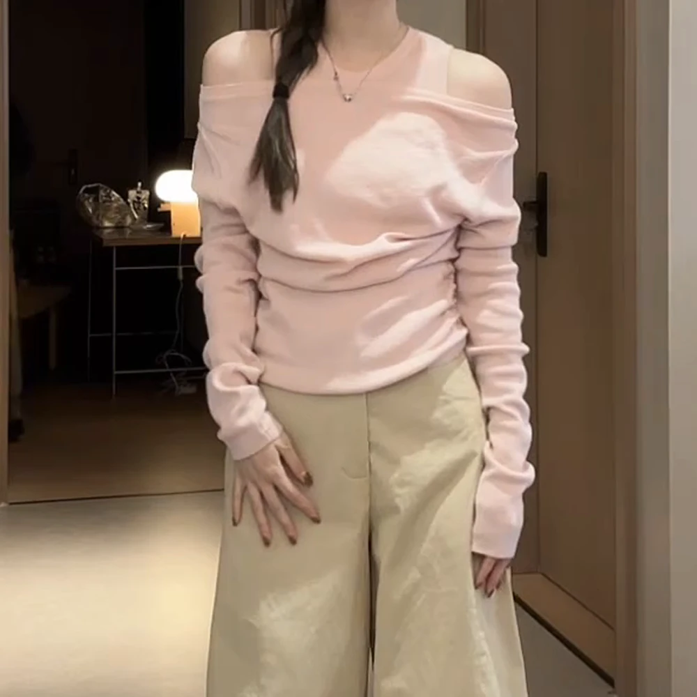 小心机纯欲一字肩假两件针织上衣女2025春装新款修身露肩T恤气质