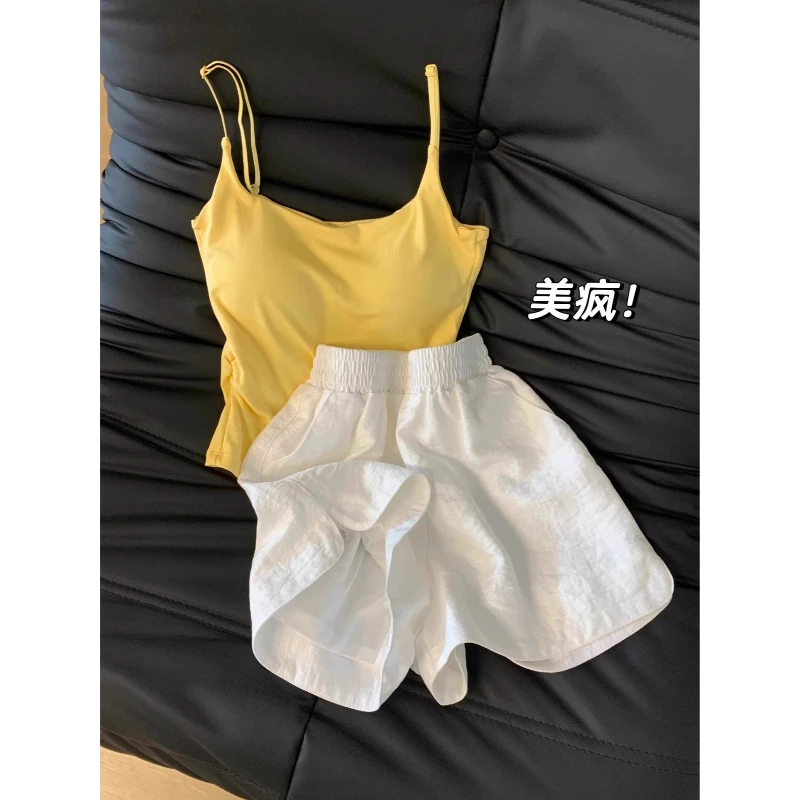 简约纯色带胸垫吊带睡衣女夏季辣妹可外穿背心短裤家居服套装大码