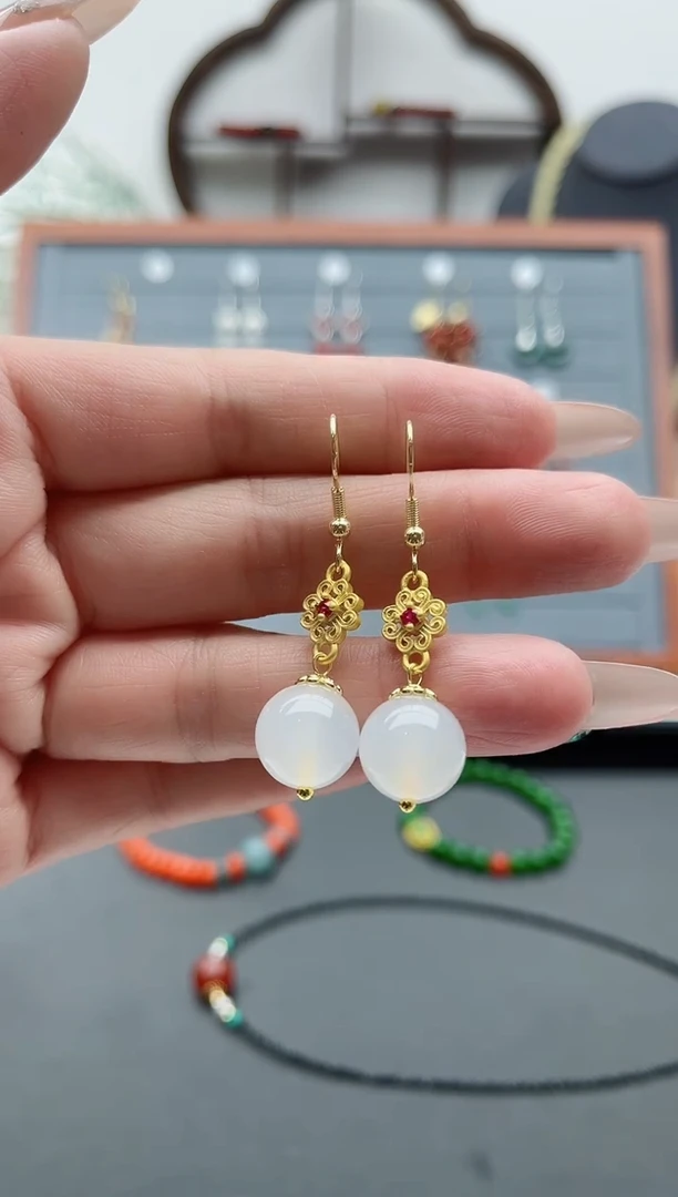 【闪购商品】玛瑙/玉髓耳饰银S925镀金镶嵌305