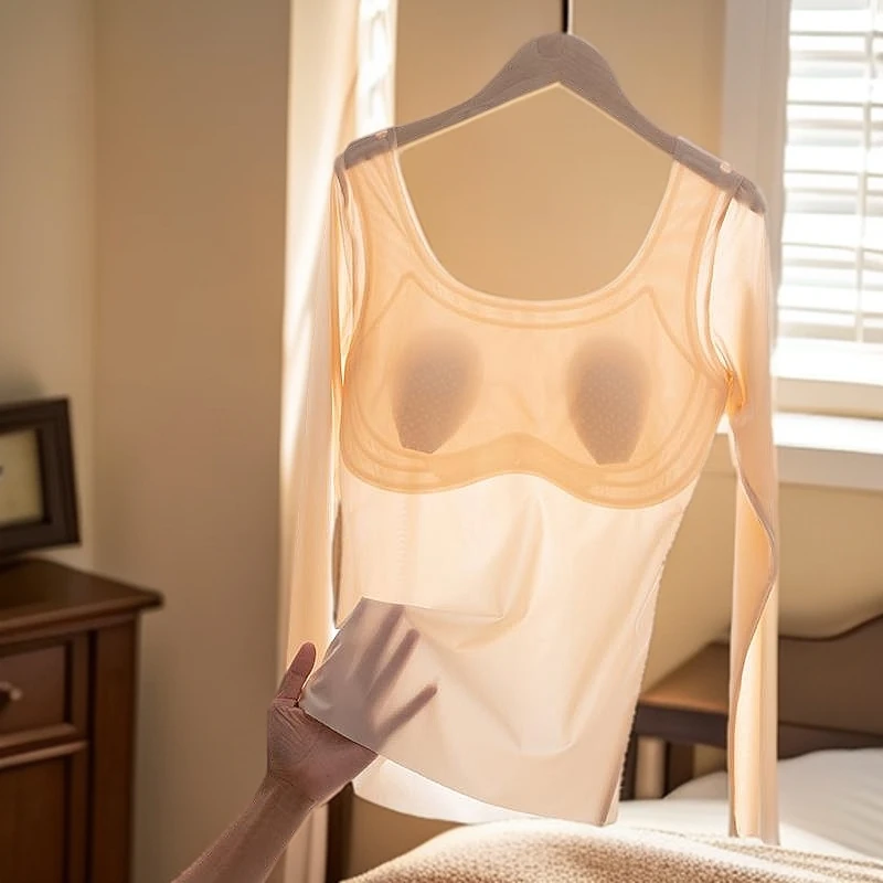 无痕保暖内衣女士带胸垫超薄款长袖打底上衣内搭低领秋衣秋裤套装
