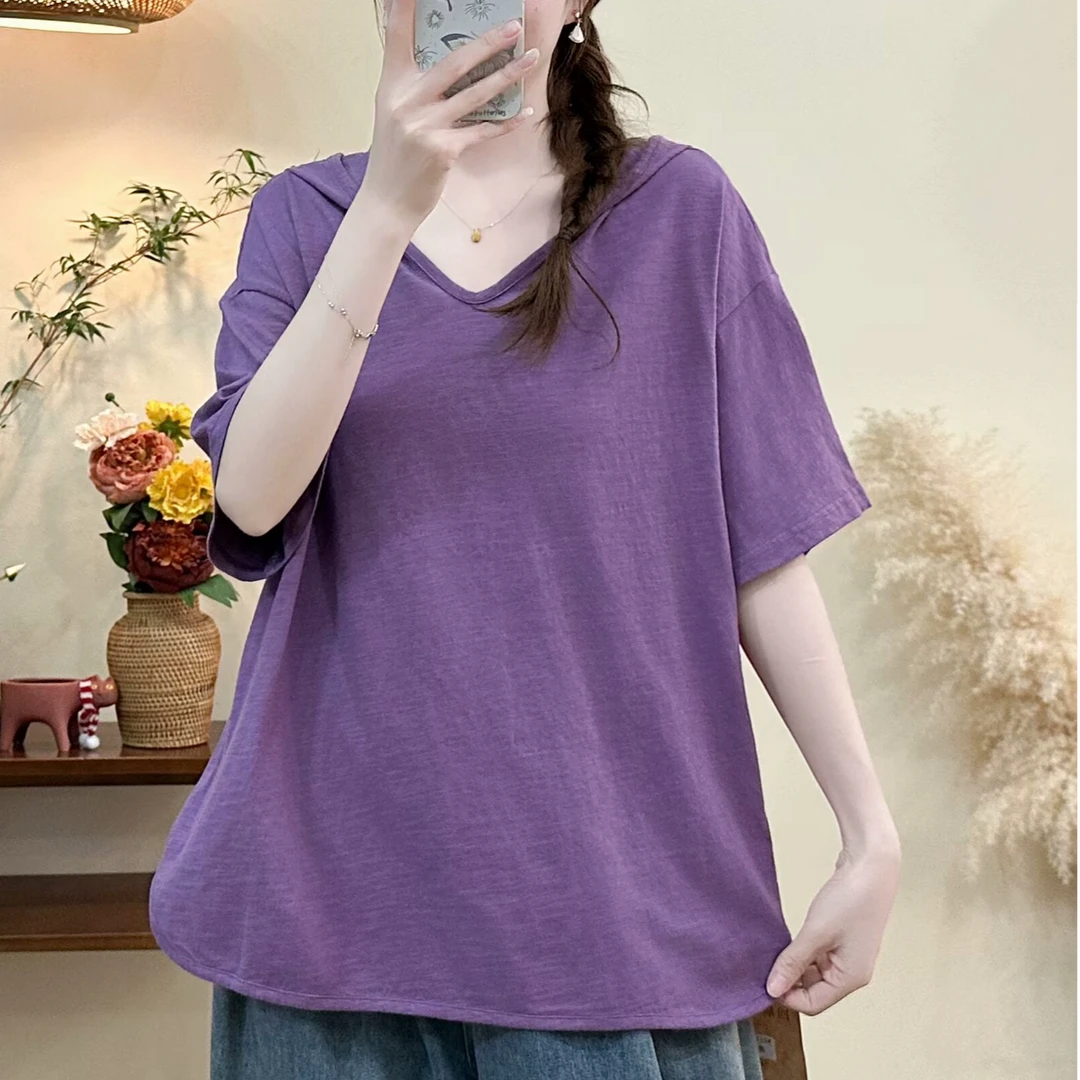 大码女装遮肉显瘦连帽短袖T恤纯色简约百搭休闲舒适宽松套头上衣t