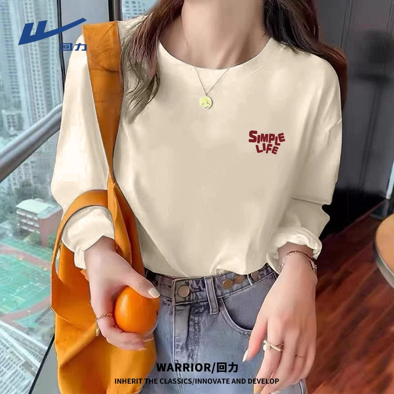 Warrior/回力ins长袖春秋新款打底衫2025宽松字母圆领T恤学生休闲
