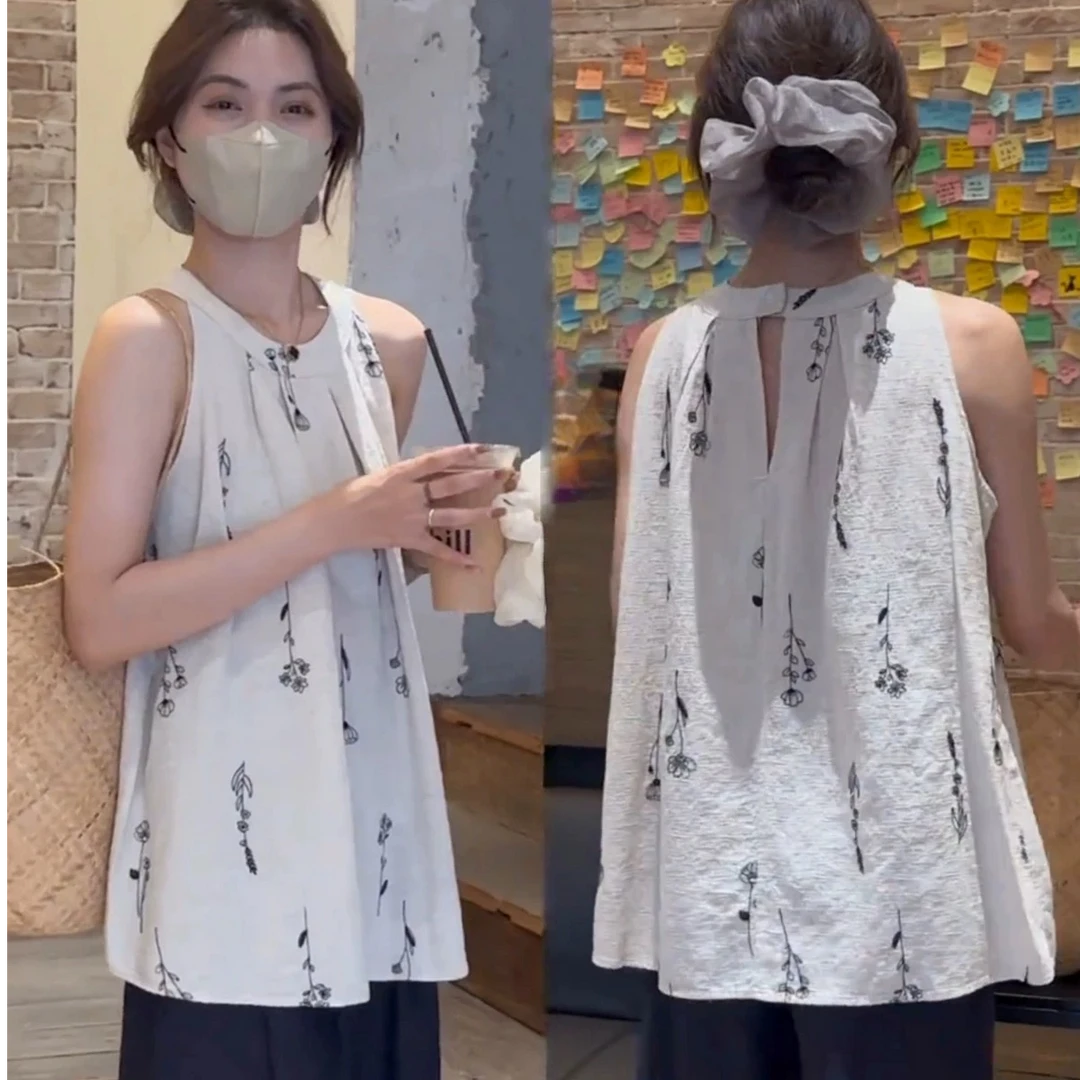 韩系度假风百搭显瘦小众气质棉麻无袖背心吊带高级感挂脖碎花小衫