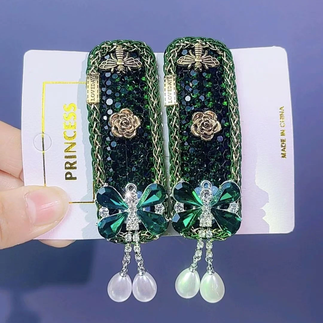 轻奢重工满钻绿色蝴蝶珍珠流苏BB夹侧边夹碎发夹发饰