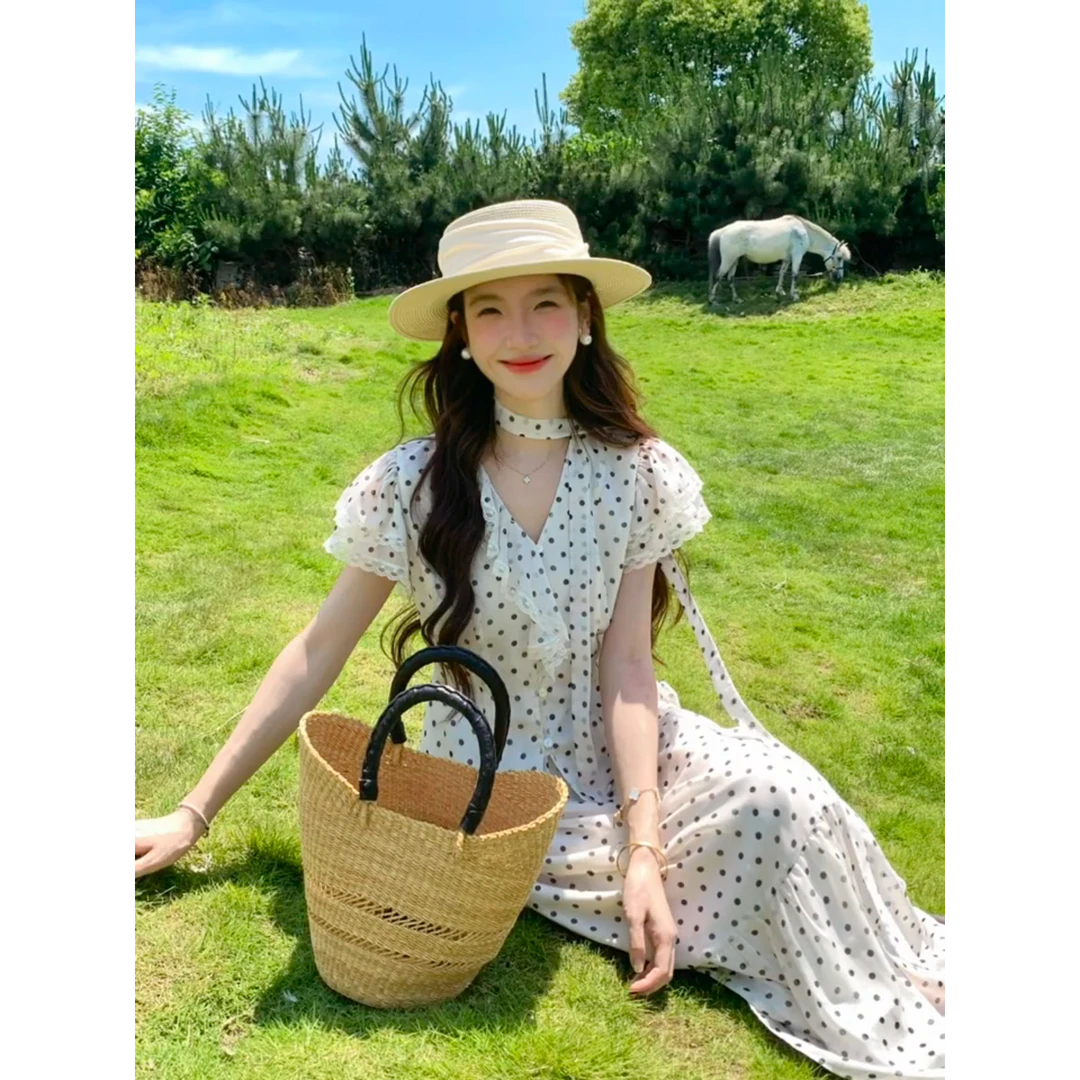MARIE.COCO法式泡泡袖V领波点小飞袖衬衫上衣宽松气质半身裙套装