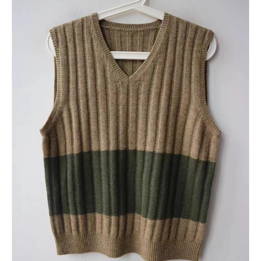 【羊毛】复古时髦中性拼色V领坑条羊毛混纺针织背心