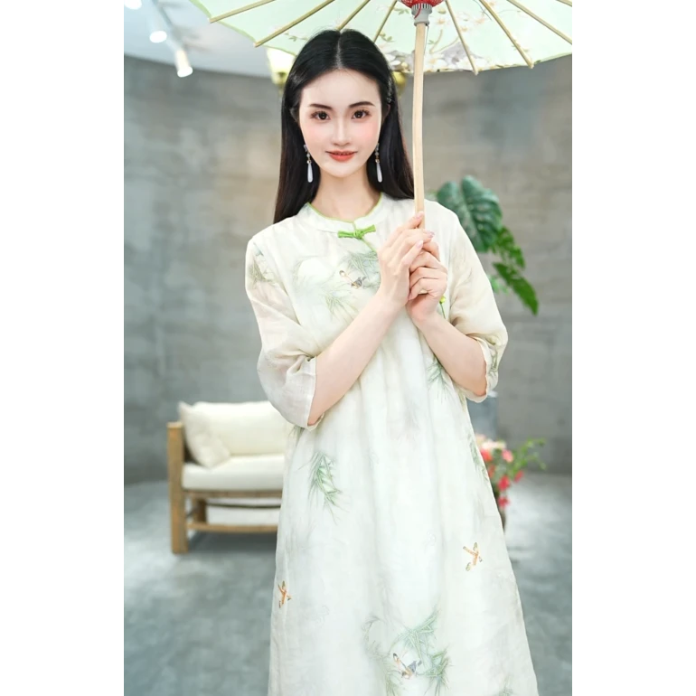 赠李白显瘦时尚100支苎麻大摆裙国风原创设计旗袍宽松盘扣6100