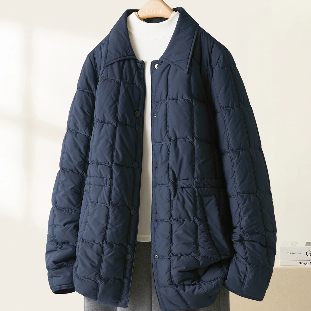 IHIMI/海谧【经典绗缝翻领衬衫式口袋棉服】冬简约拼接撞色休闲3545