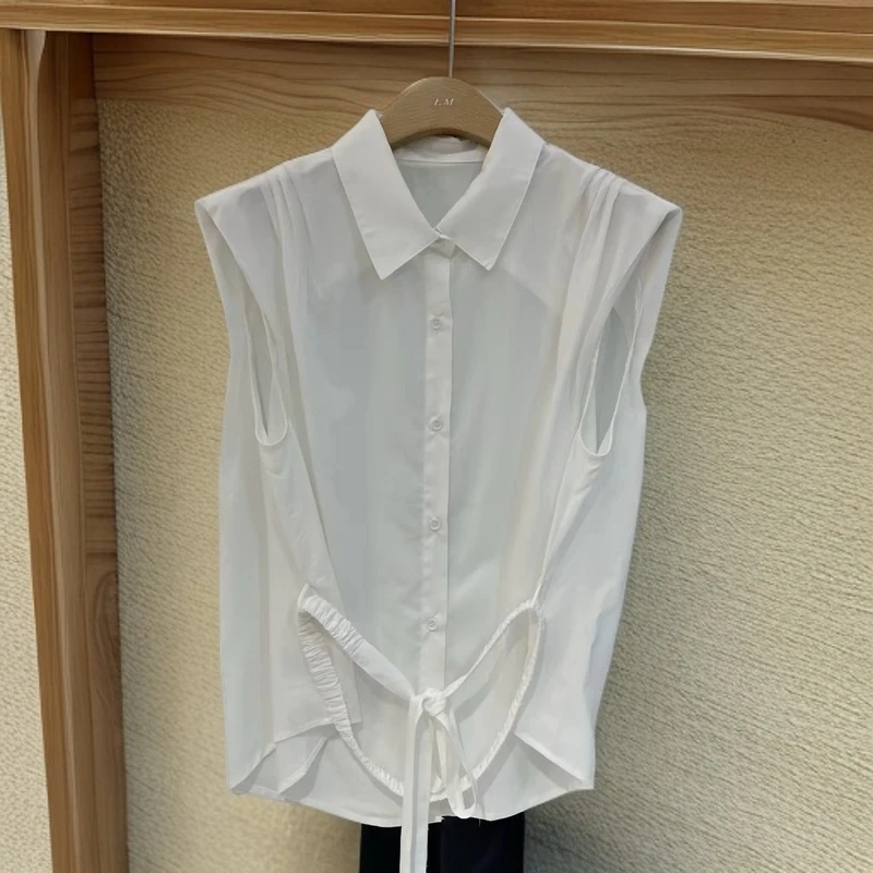 女装法式绑带纯色无袖衬衣夏季933