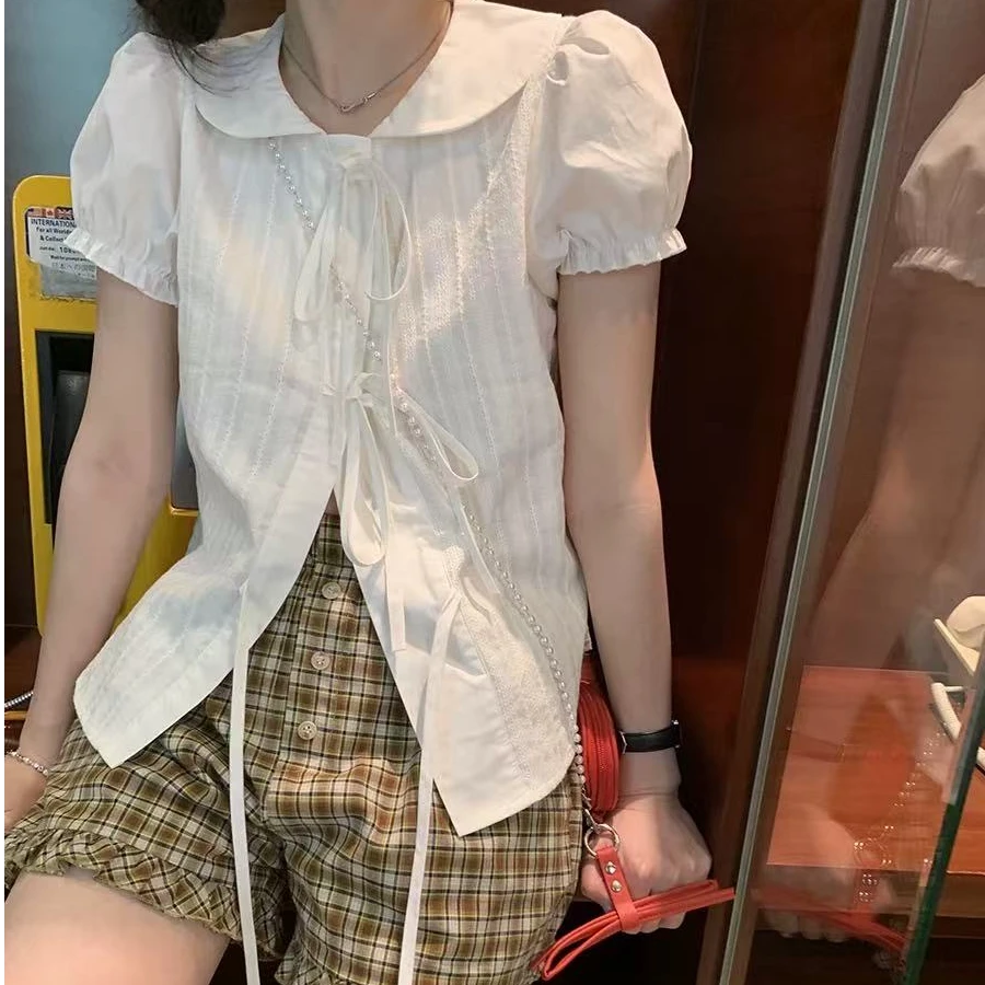 088-自制甜美娃娃领系带蝴蝶结泡泡袖衬衫女2025清新百搭小衫