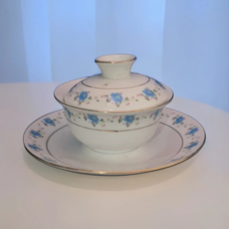 景德镇陶瓷描金小兰花三才盖碗