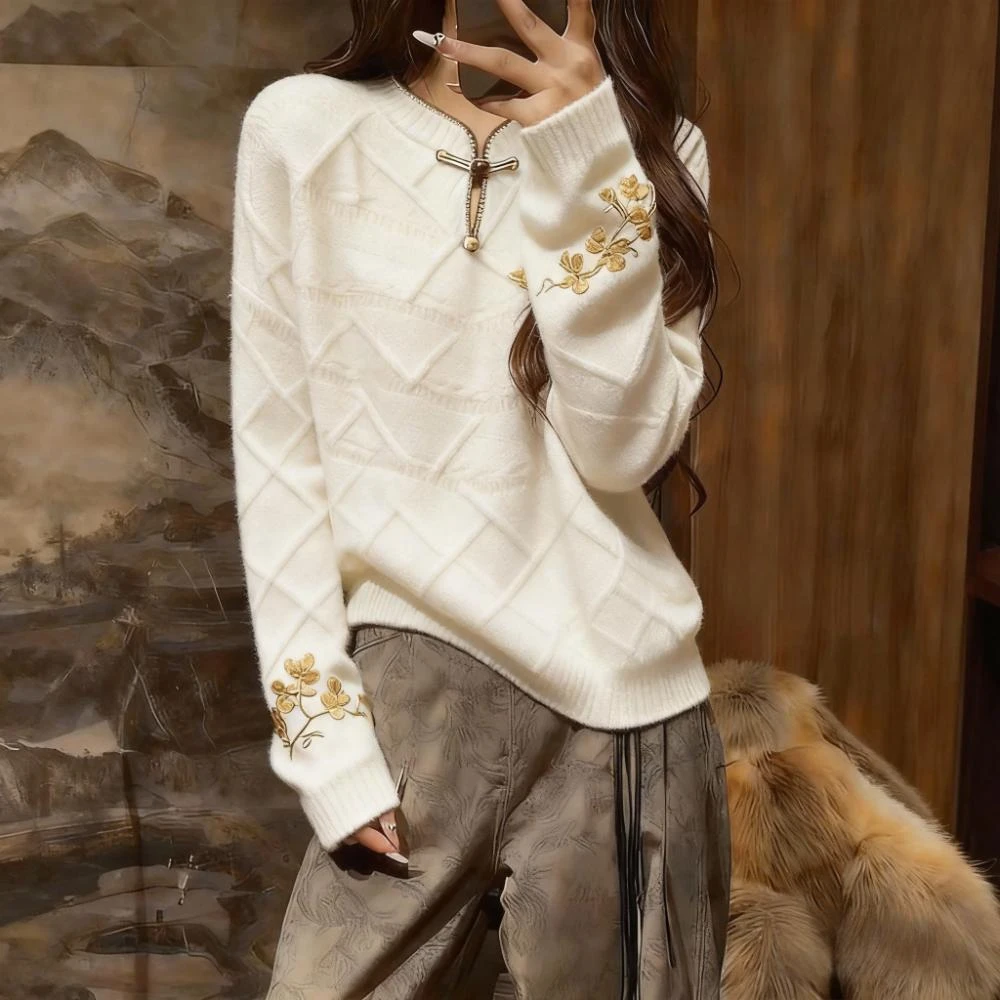 新中式国风毛衣女秋冬2025新款高端时髦洋气巨好看内搭印花针织衫