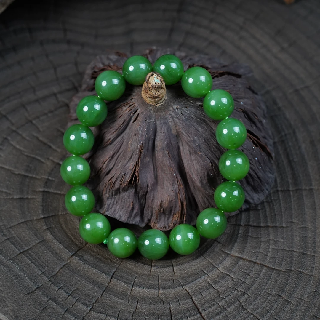 【石缘居珠宝】天然和田玉碧玉佩戴时尚个性款素圈圆珠手串 C40-108