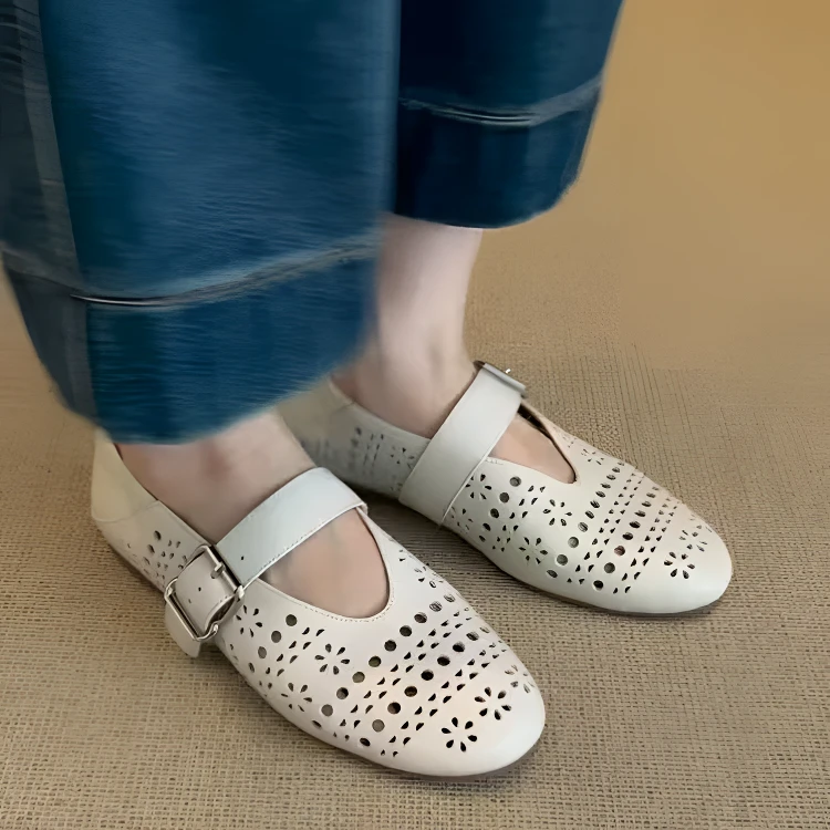 2025夏季新款超软真皮镂空法式玛丽珍鞋女平底洞洞鞋浅口鞋女