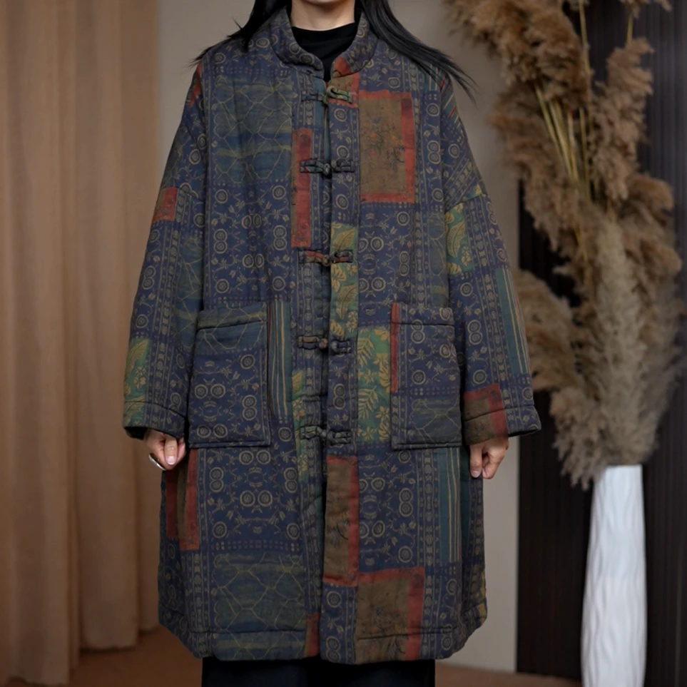 【米家棉麻】福利钜惠3013秋冬新款小立领宽松中长款中式盘扣棉衣