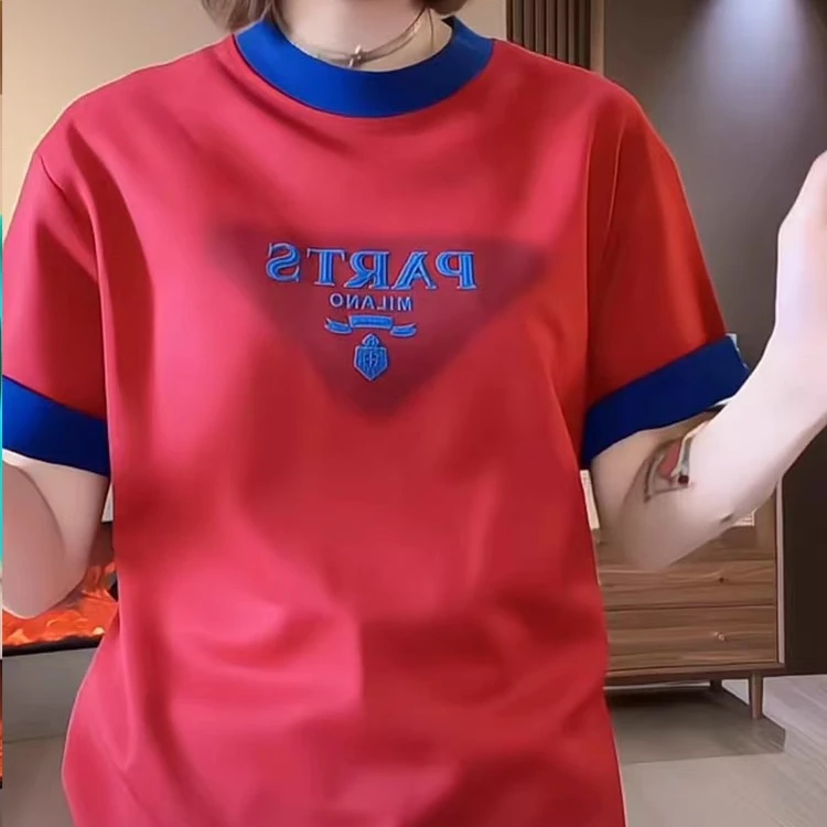 欧货爆款小衫红色短袖t恤女2025新款夏季字母印花撞色圆领上衣潮